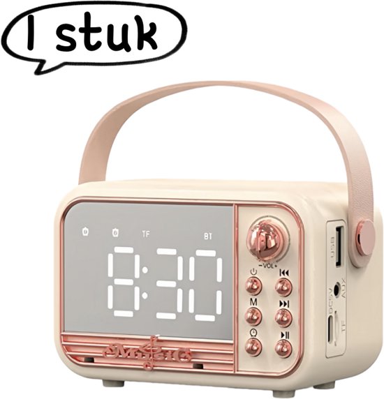 1 artikel - Luidspreker - Draadloze Bluetooth-luidspreker met wekkerfunctie - Luidspreker met mini-kaartsleuf - Cadeau - Ondersteunt TF-kaart, USB-flashdrive en AUX-interface - Vintage design - Roze van Merkloos