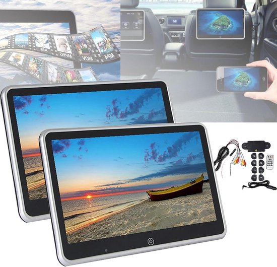 10 1 Inch Auto Hoofdsteun Monitor HD Touch Screen Achterbank Entertainment Telefoon Spiegelen USB Koptelefoon Jack Ingebouwde Speaker 9 Talen Voor Reizen Met Kinderen 2PCS