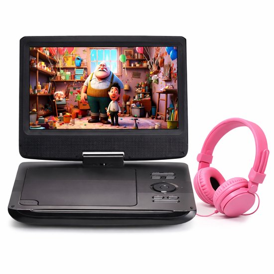 10 Inch - Portable Draagbare DVD Speler met Scherm - Inclusief Roze On Ear Kids Koptelefoon - Voor Auto & Thuis - Accu + Autoladen + Thuislader - Onderweg - Kinderen