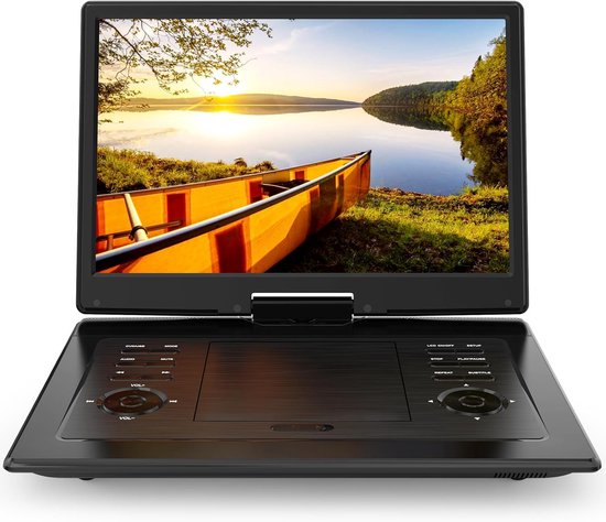17,9-inch draagbare dvd-speler voor kinderen met 15,6-inch draaibaar scherm, oplaadbare accu (5 uur), dvd-speler voor in de auto met luid stereogeluid, afstandsbediening, ondersteuning voor tv-synchronisatie, regiovrij (USB/SD/AV), zwart