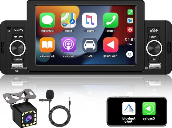 1Din Carplay Autoradio met Android Auto Bluetooth en FM Radio - 5 inch Scherm USB AUX Mirror Link SWC Touch Screen Achteruitrijcamera van Arebos