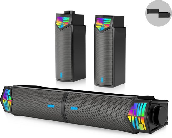 2-in-1 Bluetooth PC Luidspreker met Afneembare Soundbar en RGB-Verlichting van Merkloos