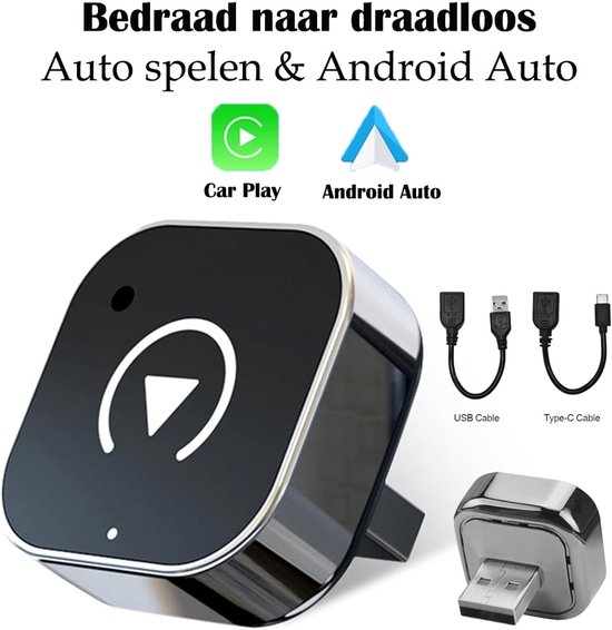 2-in-1 draadloze CarPlay- en Android Auto-adapter, plug-and-play CarPlay-dongle die bedraad naar draadloos converteert, snelle automatische verbinding, geen vertraging, compact ontwerp voor iPhone en Android met USB/USB-C-poort (zwart) van Merkloos