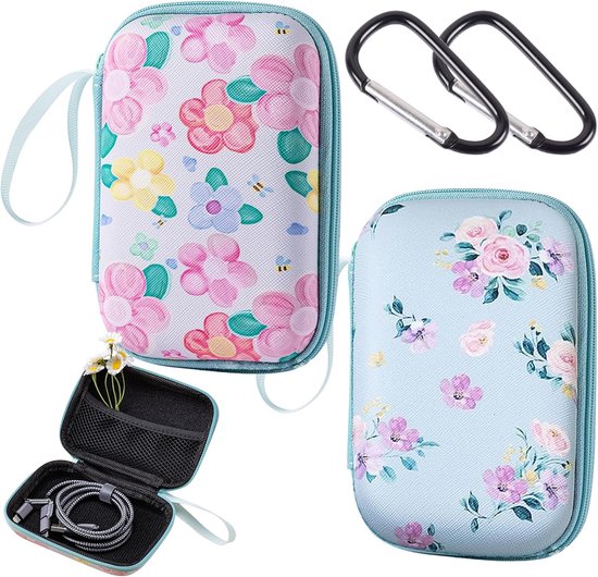 2 stuks EVA oortelefoon case set met karabijnhaak, bedrukt gehoorapparaat en mini-hoofdtelefoon opslag, draagbare harde schaal rits draagtas voor reizen, buiten, kantoor, school