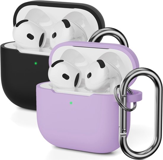 2 stuks Mocarheri siliconen beschermhoes, compatibel met AirPods 4, siliconen stootvaste zachte beschermhoes voor Airpods 4 Gen (2024) met karabijnhaak, paars/zwart