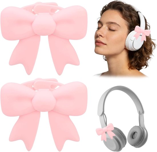 2 Stuks Roze Strikversieringen Hoofdtelefoonaccessoires, Siliconen 3D Kokette Hoofdtelefoonbevestigingsaccessoires Schattige Oortelefoonversieringen voor Vrouwen