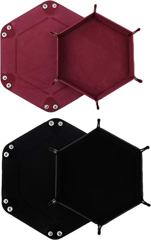 2 stuks vouwbare dobbelborden Dubbelzijdig dobbelbord, fluweel vouwbaar dobbelbord Hexagon dobbelbord lederen dobbelborden voor RPG DND Dragons dobbelspellen (Wijnrood - Zwart)