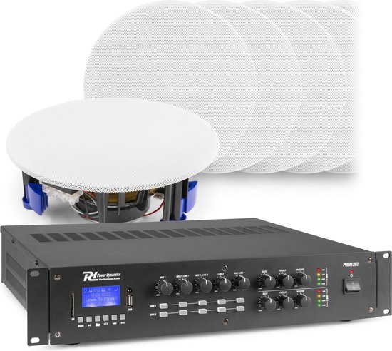 2-zone Bluetooth geluidsinstallatie van Power Dynamics - 12 witte plafondspeakers + 240W versterker van Power Dynamics