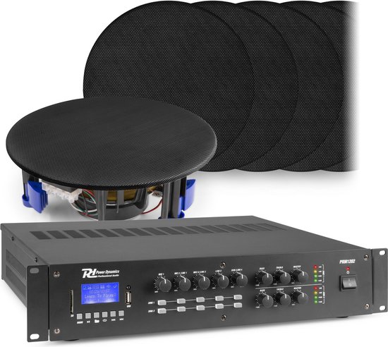 2-zone Bluetooth geluidsinstallatie van Power Dynamics - 12 zwarte plafondspeakers + 240W versterker van Power Dynamics