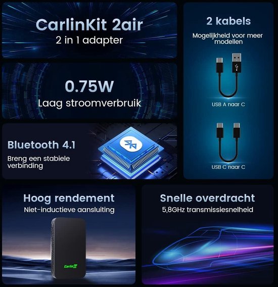 2024 Nieuwe upgrade CarlinKit 5.0 2Air Adapter draadloze CarPlay/Android Auto - Verbeterde connectiviteit met gevoelloze Plug-and-play Carplay Dongle van Carlinkit