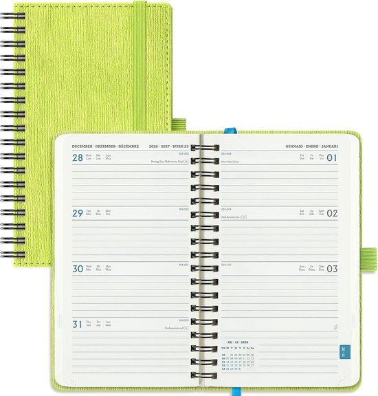 2026 2027: Pocket Weekagenda A6 Klein Boekagenda(16,4 x 9,5cm) Schoolagenda 18 Maanden Weekplanner van Jul.2026 tot Dec.2027, 80 Grams Papier, Zachte PU-Leren Spiraal, Appelgroen