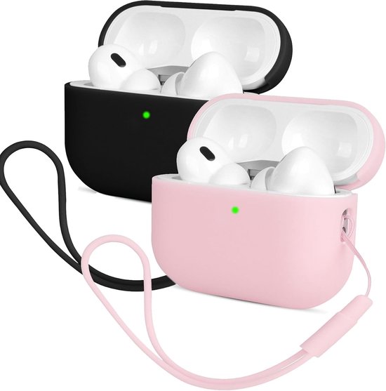 2PCS Mocarheri Siliconen hoes Compatibel met Airpods Pro 2 Generation hoes 2022, Ultra-Thin, siliconen stootvaste zachte beschermhoes voor Airpods Pro 2, LED vooraan zichtbaar (zwart + roze)