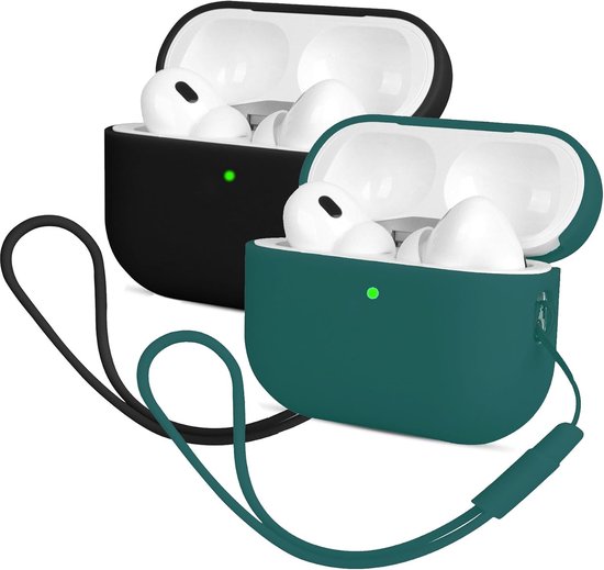 2PCS Mocarheri Siliconen hoes Compatibel met Airpods Pro 2 Generation hoes 2022, Ultra-Thin, siliconen stootvaste zachte beschermhoes voor Airpods Pro 2, LED vooraan zichtbaar (zwart/donkergroen)