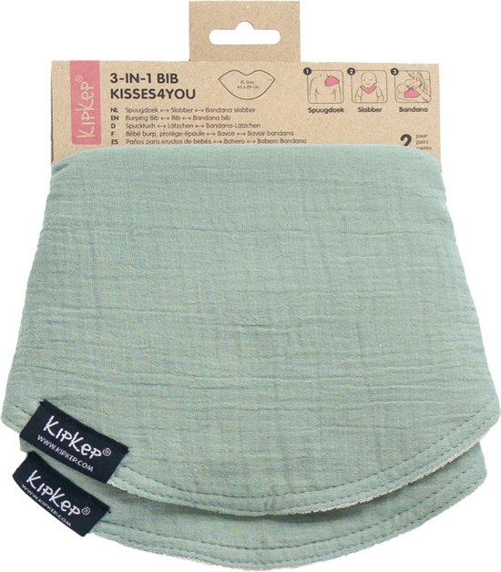 3-in-1 Bib - Pale Green - XL spuugdoek, slabber en bandana in 1! - 2 paar - katoen - dubbellaags van Lässig