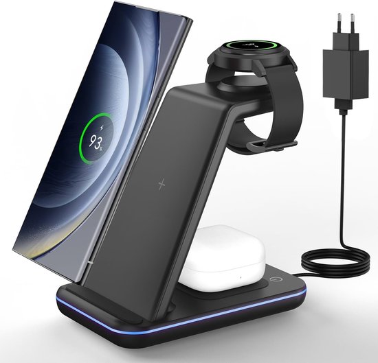 3-in-1 Oplaadstation voor Samsung S26/S25/S24/Z Fold/Flip, Draadloze Oplader voor Galaxy Watch en Galaxy Buds, Snellader in Zwart