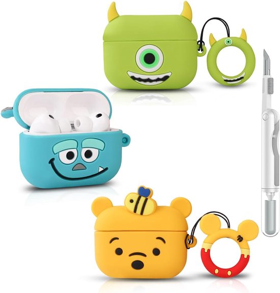 (3Pack+Reinigingspen) XMBYGY Hoes voor AirPods Pro 3e Generatie 2025 met 3-in-1 Reinigingsset, Meerdere Combinaties Siliconen Schattige Cartoon Oplaadbare Beschermhoes voor AirPods Pro 3 (W+M+G)