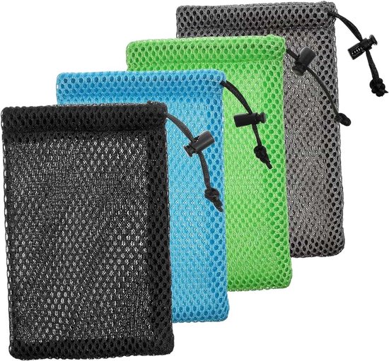 4-delige mesh tassen met trekkoord, duurzaam nylon opbergzakje, voor MP3-opladers, koptelefoonsleutels, ideaal voor dagelijkse organisatie (15 x 10 cm)