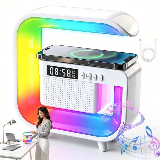 4-in-1 Bureauapparaat - Bluetooth Luidspreker - Wit - LED Lamp & Bluetooth Speaker - 15W Draadloze Oplader & Wekker - RGB Sfeerlicht & Helderheidsregeling - USB Voeding & Incl. Kabels - Voor Slaapkamer & Kantoor