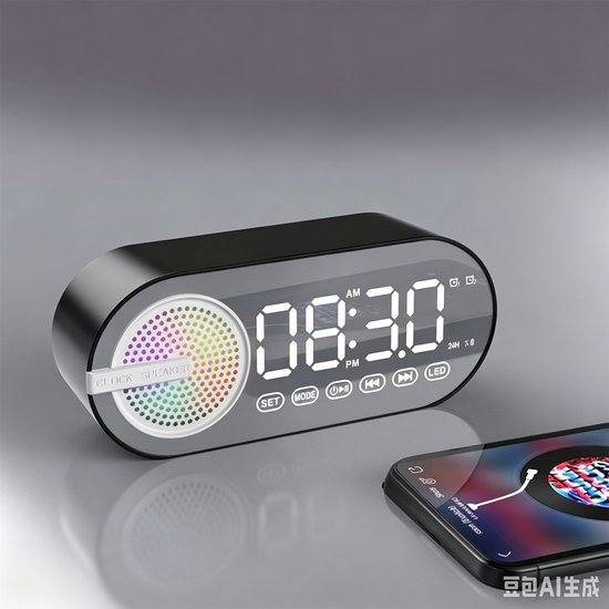 4-in-1 draadloze Bluetooth luidspreker wekker – Draagbare Bluetooth speaker, digitale klok, FM-radio, spiegelscherm, USB-opladen, RGB-verlichting – Geschikt voor thuis, buiten, kantoor & reizen – Zwart