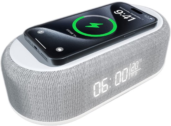 4-In-1 Wekker - met Draadloos Opladen - Draadloze Luidspreker - Nachtlampje en Temperatuurweergave - Slaapassistent Speciaal Ontworpen voor Diepe Slapers - Wekker met Wekprogramma - Grijs van LifeGoods