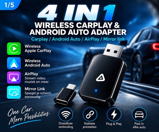 4-in-1 Wireless CarPlay Adapter – Draadloos Apple CarPlay & Android Auto – AirPlay & Mirror Link – USB-A & USB-C – Plug & Play – Ultra Mini