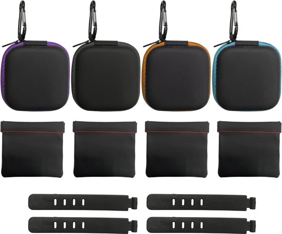 4-karabijnhaak-hoofdtelefoontas met 4 zwarte kabelgeleidingsvakken en 4 kabelgeleidingsriemen voor eenvoudig transport, hoofdtelefoonbeschermhoes en draagbare opbergbox voor hoofdtelefoon.