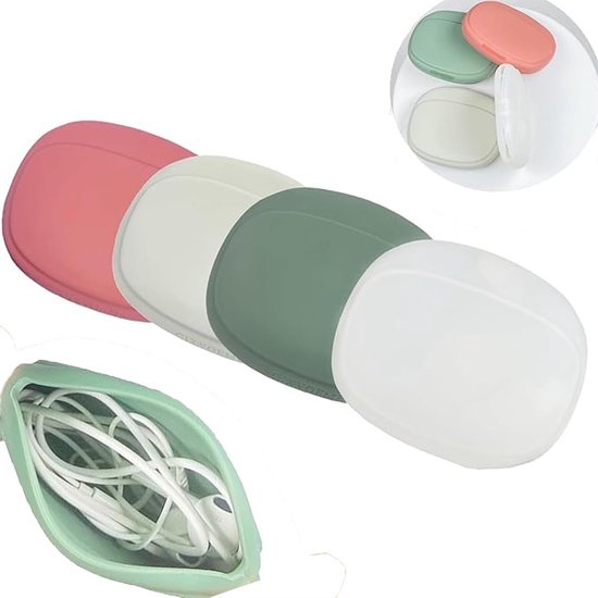 4 mini-tassen, kleine opbergtas, waterdichte hoofdtelefoontas, kleine ovale opbergdoos, draagbare hoofdtelefoon opbergtas, hoofdtelefoon, USB-oplaadkabel, Rood, Compact