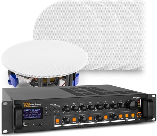 4-zone geluidsinstallatie met versterker met Bluetooth en 12 witte plafondspeakers (6'') - 100V van Vonyx