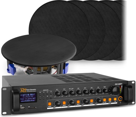 4-zone geluidsinstallatie met versterker met Bluetooth en 12 zwarte plafondspeakers (6'') - 100V van Audizio