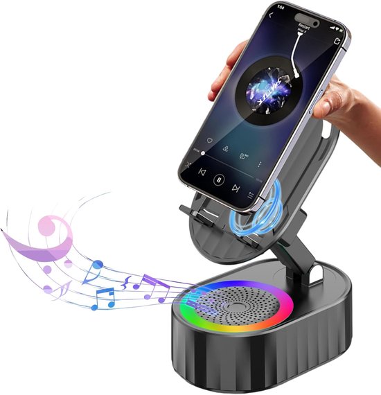 5-in-1 Bluetooth Speaker - Telefoonhouder met 3000mAh Powerbank - Opvouwbare Speaker met RGB Verlichting - Cadeau voor Mannen en Vrouwen - Zwart - 1 Stuk van iMoshion