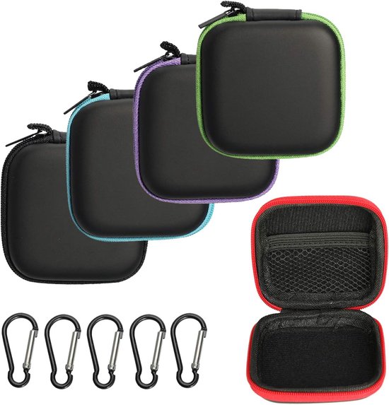 5 stuks oordopjes tas, Eva Mini hardcase opbergdoos voor koptelefoon/oordopjes/Bluetooth headset/U-disk/kleine objecten, met karabijnhaken
