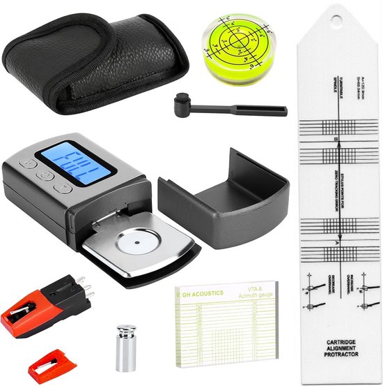 6-delige Platenspeler Afstel Set - Met Digitale Naalddrukmeter, VTA Azimuth Liniaal & Cartridge Protractor - Inclusief Reserve Naald & Borstel - Vinyl Accessoires
