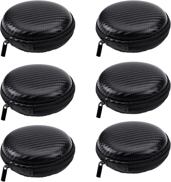 6-delige ronde draagbare hoofdtelefooncase, mini EVA-tas, opbergtas, harde schaal met ritssluiting, geschikt voor oortelefoon, datakabel, MP3-opbergtas (zwart)