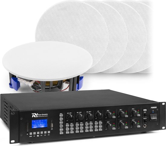 6-zone Bluetooth geluidsinstallatie van Power Dynamics - 12 witte plafondspeakers + 360W versterker van Power Dynamics