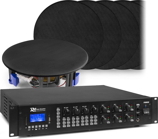 6-zone Bluetooth geluidsinstallatie van Power Dynamics - 12 zwarte plafondspeakers + 360W versterker van Power Dynamics