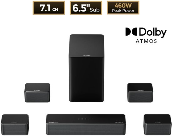 7.1 Soundbar – Home Cinema Geluidssysteem – Surround Sound Speaker – Draadloze Subwoofer – 460W Vermogen – Dolby Atmos 3D Geluidsbeleving – App Bedienbaar van Merkloos
