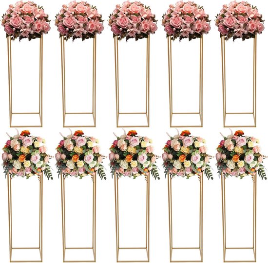 80cm Metal Gold Rectangular Vases with Plate, Wedding Table Decoration - 10 Pcs Tall Vase Flower Column Stand for Flowers, Rectangular Flowers Display Rack for Home, Party, Wedding
