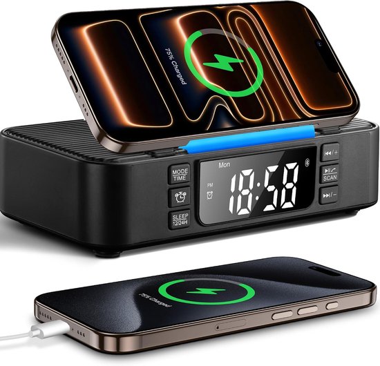 9-in-1 draadloos laadstation met Bluetooth-luidspreker, wekker, FM-radio en nachtlampje – compatibel met iPhone 17/16/15/Samsung S25/S24/Android, USB/Type-C/AUX, telefoonhouder, DP-013C zwart