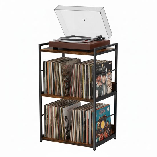 ACAZA LP Opbergsysteem - LP Houder - LP Rek - Vintage Bruin / Zwart - 48 x 38 x 80 cm (L x B x H) - Platenspeler Meubel - Vinyl Opbergsysteem - Platenrek - Platenkast - 200 Platen