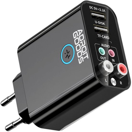 AdroitGoods Bluetooth 5.3 Audio Adapter RX/TX met AUX & RCA, USB/TF Muziekspeler, 2.1A Snellader, App & Afstandsbediening, Universeel 220V