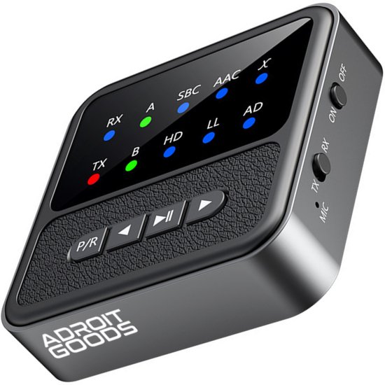 AdroitGoods Bluetooth 5.4 Audio Adapter 2-in-1 Receiver Transmitter AUX RCA HiFi Low Latency Dual Link Draadloze Audio Dongle met Display