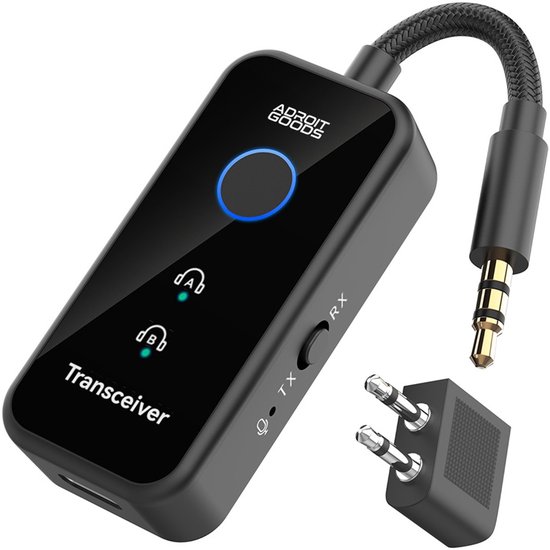 AdroitGoods Bluetooth 6.0 Zender en Ontvanger - 2-in-1 AUX Adapter 3,5 mm - Vliegtuig, Auto en TV - 18 Uur Accu - USB-C - Twee Koptelefoons - Zwart