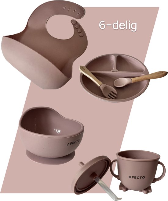 Afecto eetset voor kinderen - servies set 6 delig - siliconen onbreekbaar - eenvoudig schoonmaken - oud roze - complete set van Afecto