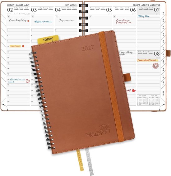 Agenda 2027 Weekplanner ca.A5(21,8 x 16,4cm) met softcover | 12-maanden afsprakenplanner (jan.2027 - dec.2027)，spiraalboek boekkalender，1 week 2 pagina's met 100 GSM papier(Bruin)