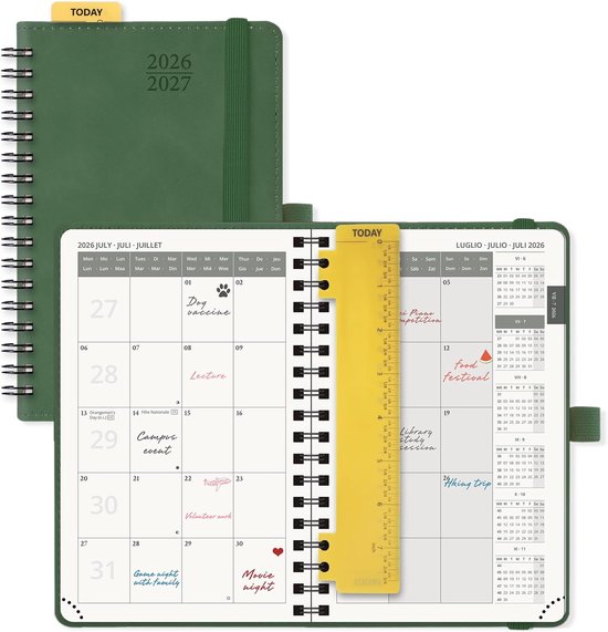 Agenda Maandplanner 2026 2027 Pocket 16 x 10,5 cm, July'26 - Dec'27, 18 Maanden, Klein A6 Planner, Zachte Spiral Binding Kaft, Liniaal, Papier 100 GSM,Groen | 18 maanden, juli 2026 tot december 2027, liniaal van kunststof, papier 100 g/m², groen