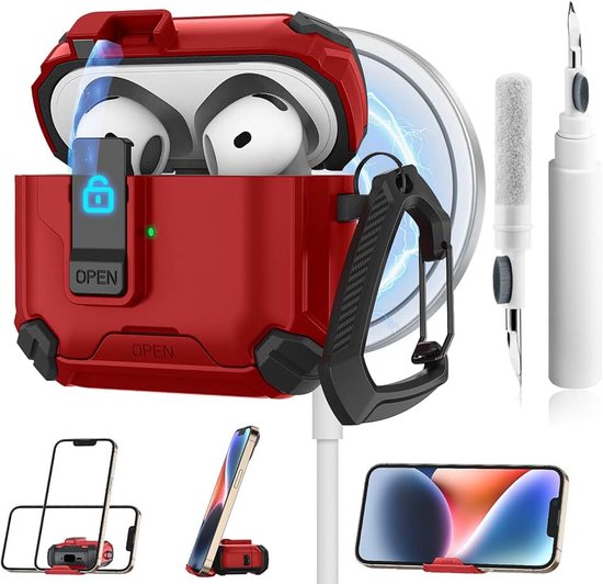 AirPods 4 hoes met telefoonhouder & Magnetisch opladen, hoofdtelefoon-etui met automatische veiligheidssluiting en volledige bescherming en reinigingsset voor AirPods 4 Gen 2024