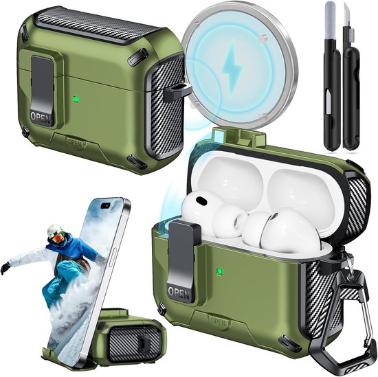 AirPods Pro 3 Magnetisch Hoesje met Telefoonhouder (Olijfgroen)