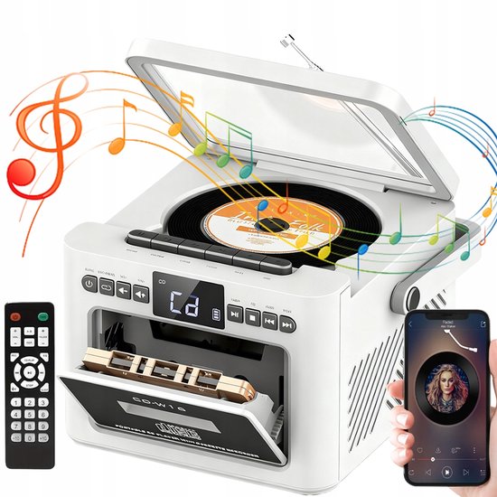 All-in-1 Speler - 7-in-1 CD Speler - Cassettespeler - Bluetooth Luidspreker - FM Radio - USB & SD & AUX - 5000mAh - Opnemen - LED Display & Afstandsbediening - Retro CD Speler - Voor Slaapkamer Woonkamer en Kantoor - Cadeau