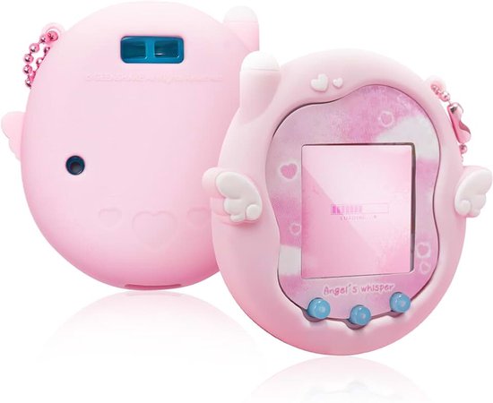 Angel Whisper siliconen hoesje voor Tamagotchi Uni, full-body beschermhoes met decoratieve stickers en acryl charme - roze