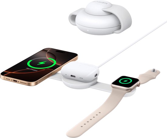 Anker Charging MagGo 3-in-1 Vouwbare Draadloze Snellader – 15W – Qi2-gecertificeerd – Opvouwbaar en Draagbaar - wit